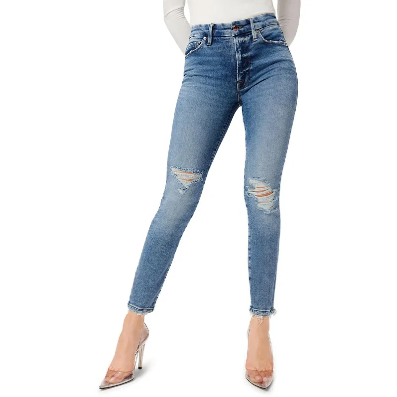 retro wide-leg jeans for ladies -Womens Cropped Distressed Skinny Jeans