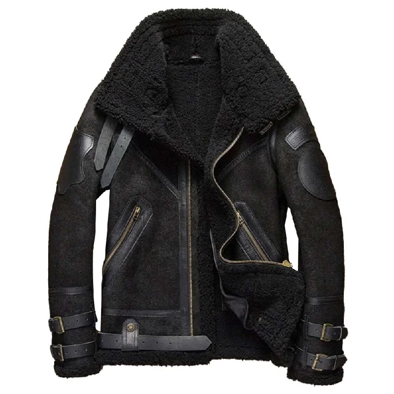 fashionable metallic puffer jacket for women -Black B3 Aviator Bomber Shearling Jacket Men