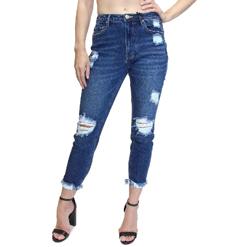 ladies' cropped denim pants -Almost Famous Juniors' Destructed High Rise Mom Jeans Blue Size 3