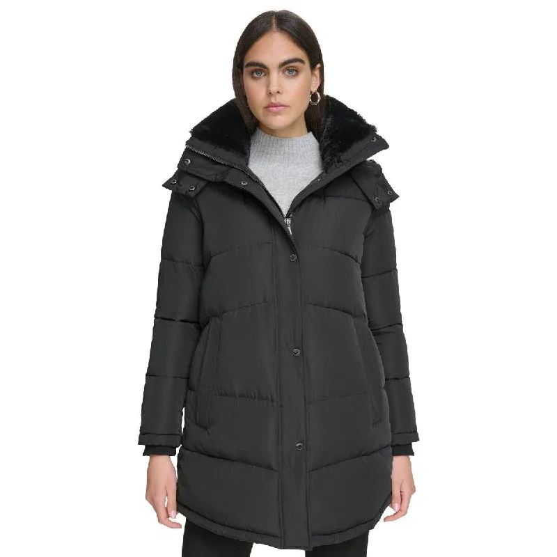 casual coats for women -Calvin Klein Womens Faux Fur Trim Hooded Puffer Coat - Size Large