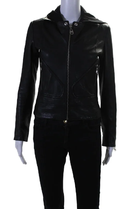 stylish women's blazer -Doma Womens Leather Long Sleeves Hooded Full Zipper Jacket Black