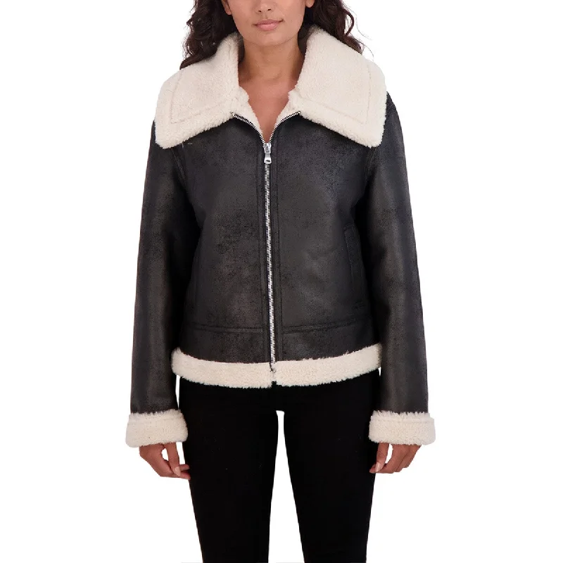 sleek satin bomber jacket for women -Sebby Collection Women's Faux Shearling Jacket