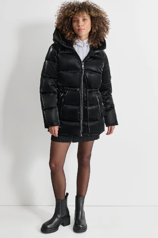 ladies' designer overcoat -MID LENGTH LUSH PUFFER JACKET