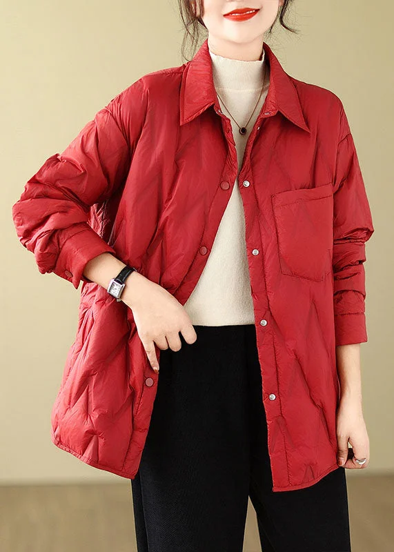 women's thermal long coat -Chic Red Peter Pan Collar Pockets Button Parkas Winter