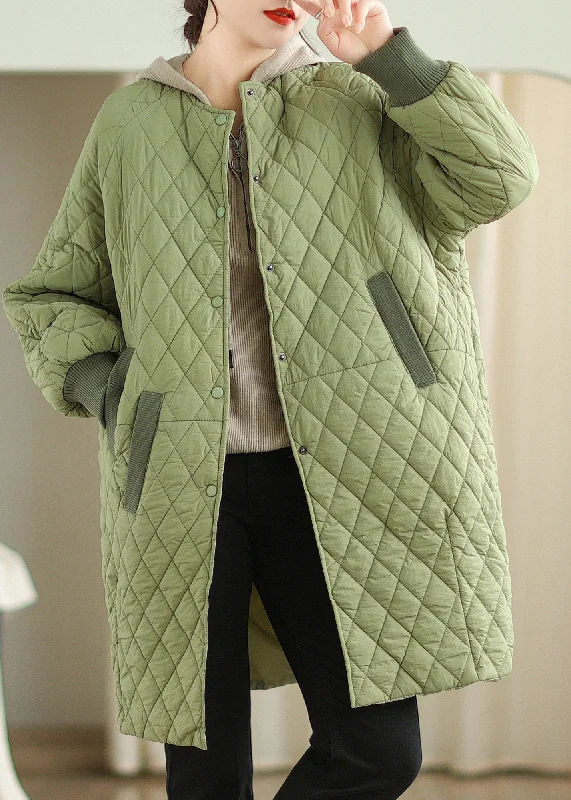 warm shearling coat for women -Oversized Green Hooded Pockets Fine Cotton Filled Coat Winter