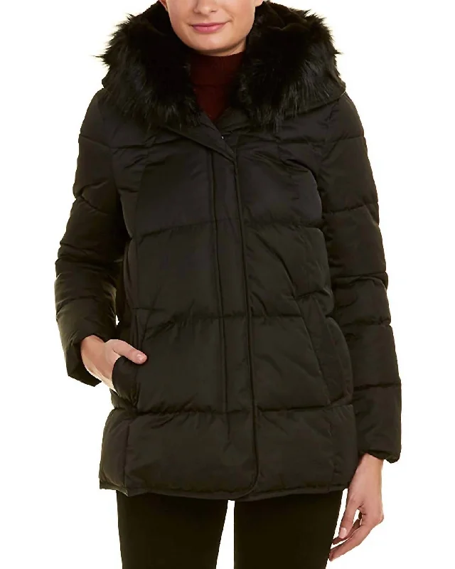 trendy plaid coat for women -Morgan Faux-Fur Trim Puffer Short Coat In Black