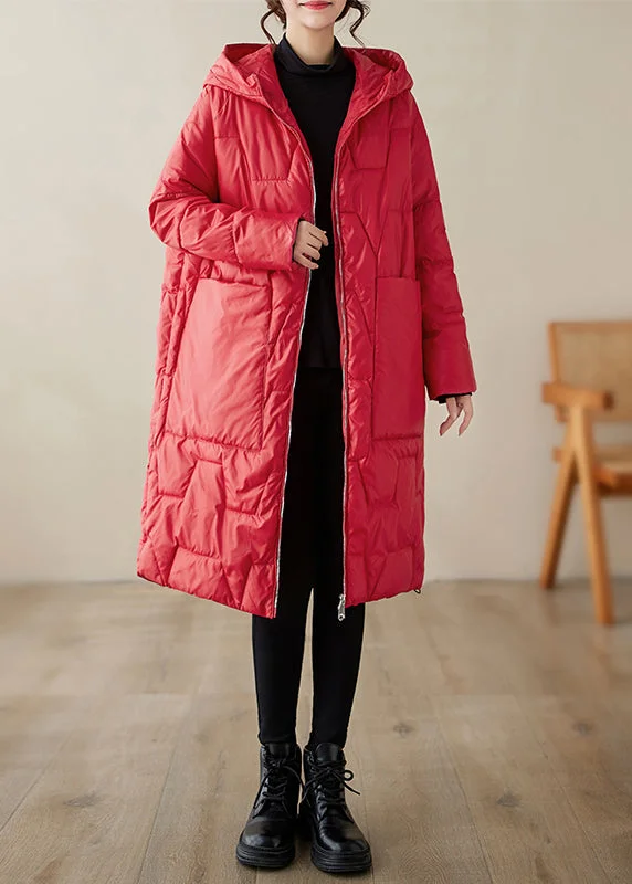 classic women's wool coat -Plus Size Red Hooded Pockets Fine Cotton Filled Coat Winter