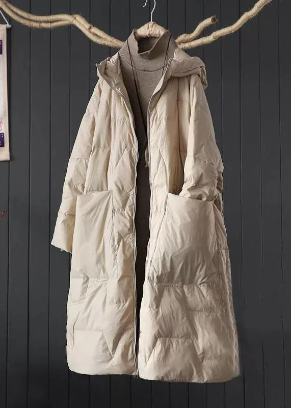 ladies' fur-lined jacket -Plus Size Beige Hooded Pockets Fine Cotton Filled Parkaer Winter