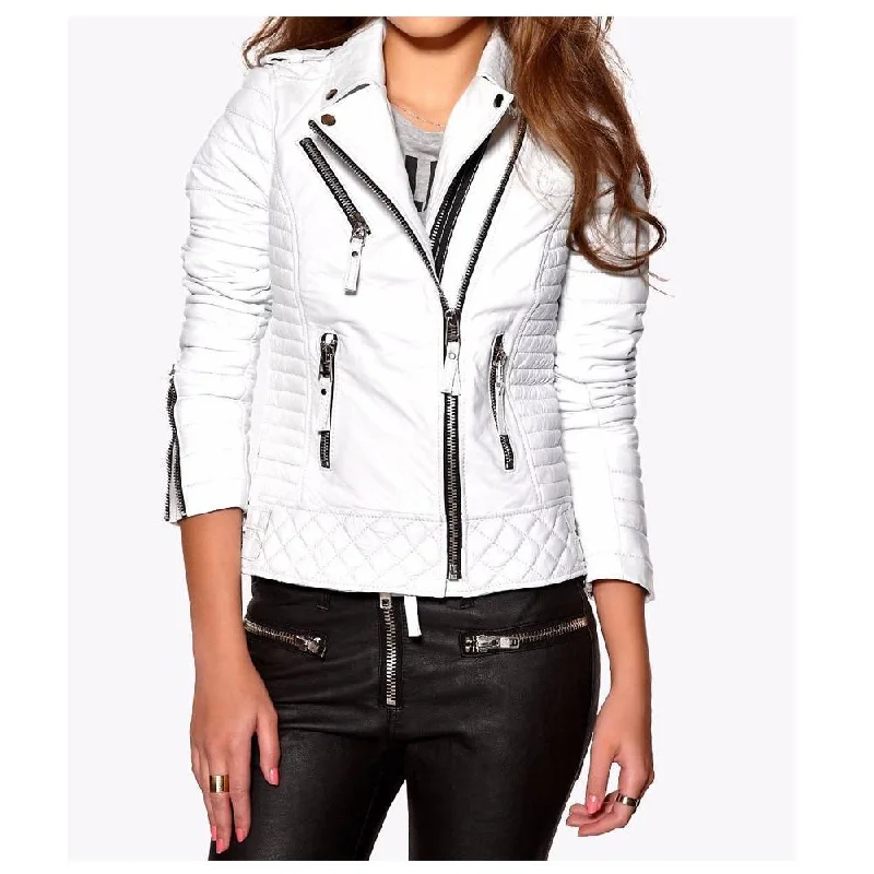 winter-ready women's parka -Women Soft Slim Fit Motorcycle Leather Jacket White