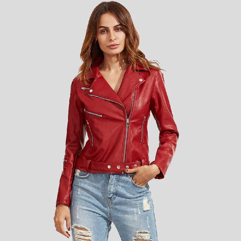 double-layered long coat for women -Women's Diana Red Biker Leather Jacket