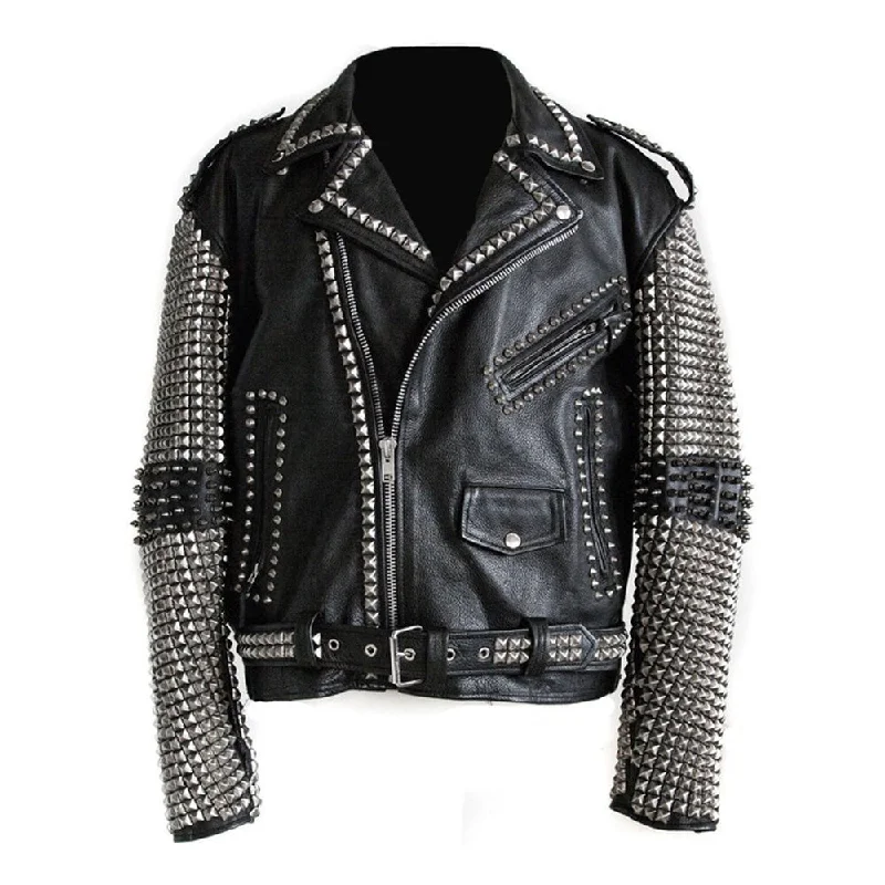 zip-up casual anorak jacket for women -Punk Studded Leather Jacket Men Rock EMO Biker Design Stylish Jacket