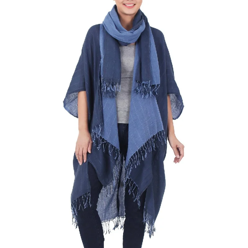 ladies' long hooded winter coat -Handmade Midnight Blue Mystique Cotton Jacket And Scarf Set (Thailand)