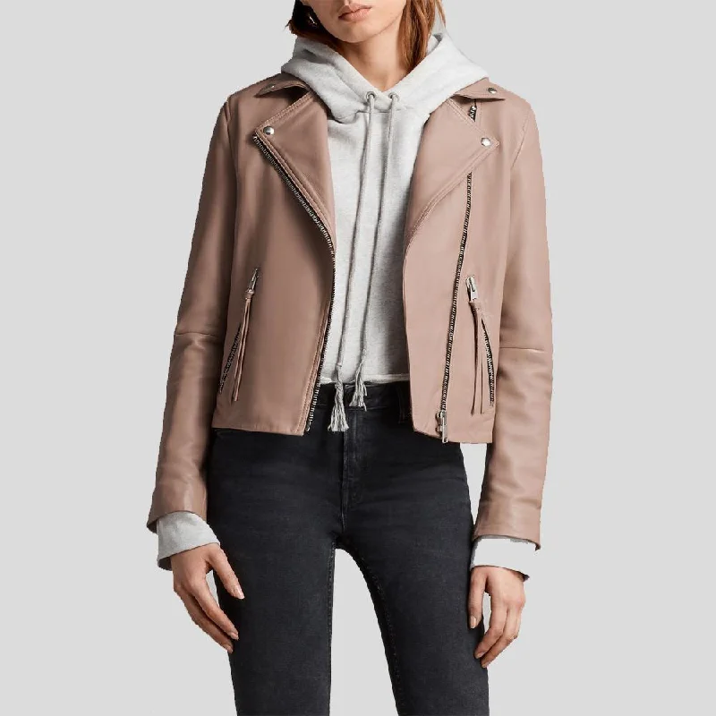 sustainable eco-friendly coat for women -Women's Emily Beige Motorcycle Leather Jacket