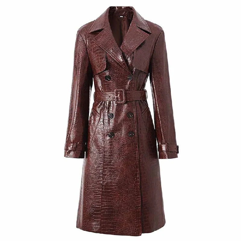 women's reversible coat -Women's Brown Faux Leather  Croc-Effect Trench Coat