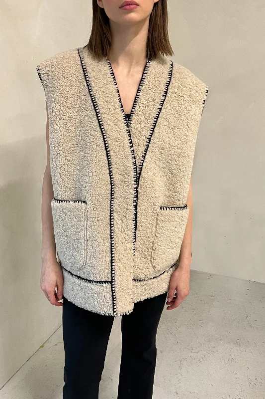 stylish knit jacket for women -SHEARLING VEST WITH CONTRAST STITCH