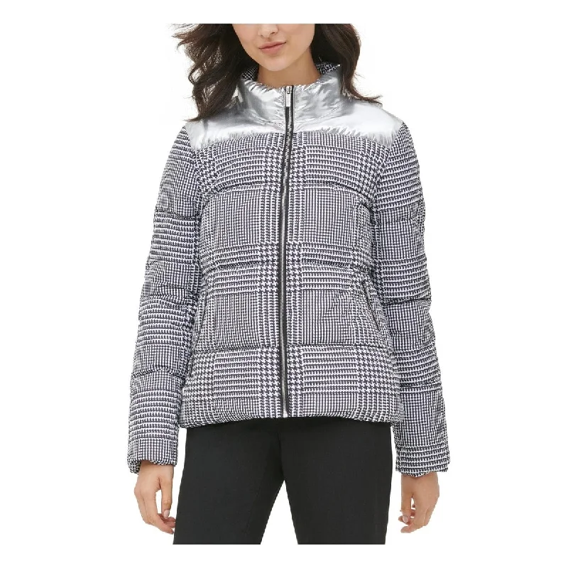 luxury designer winter coat for women -Calvin Klein Women's Houndstooth Print Metallic Trim Puffer Jacket Grey Size Small