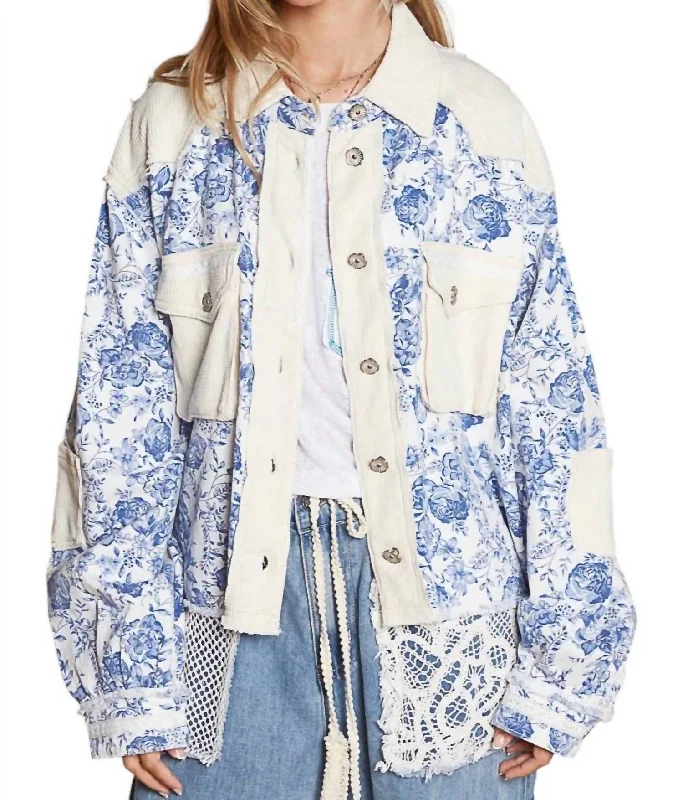 ladies' lightweight anorak coat -The Wildflower Jacket In Ivory/blue