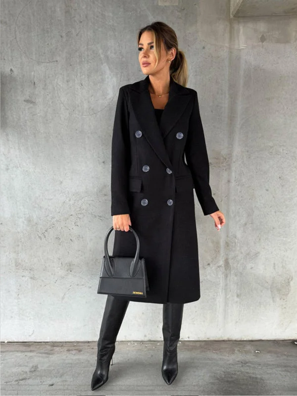 chic oversized blazer for women -Women's Double Breasted Mid Length Button Closure Coat With Pockets