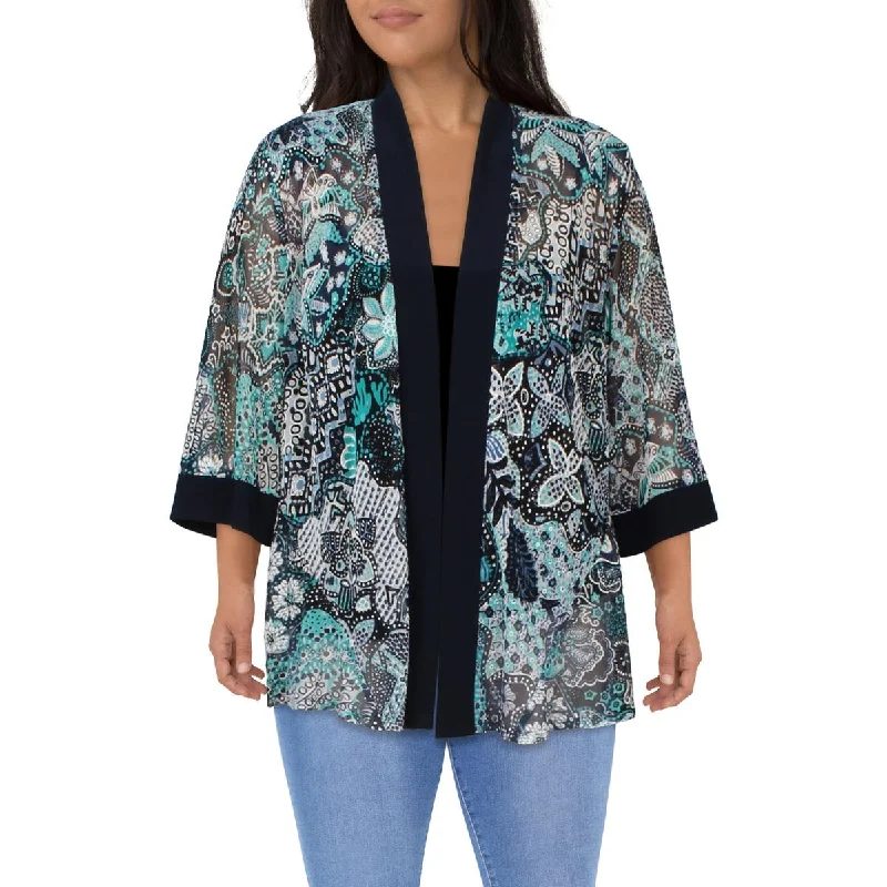 stylish women's blazer -R&M Richards Womens Plus Printed Collarless Open-Front Blazer