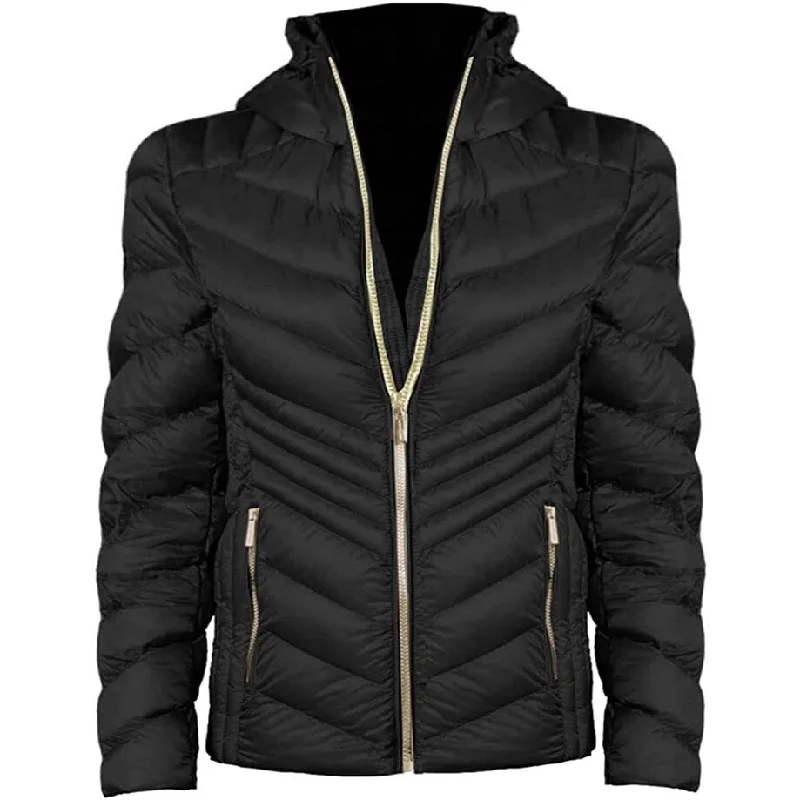 warm alpaca wool coat for ladies -Michael Michael Kors Women Black Chevron 2 Layer Zipper 3/4 Hooded Packable Coat