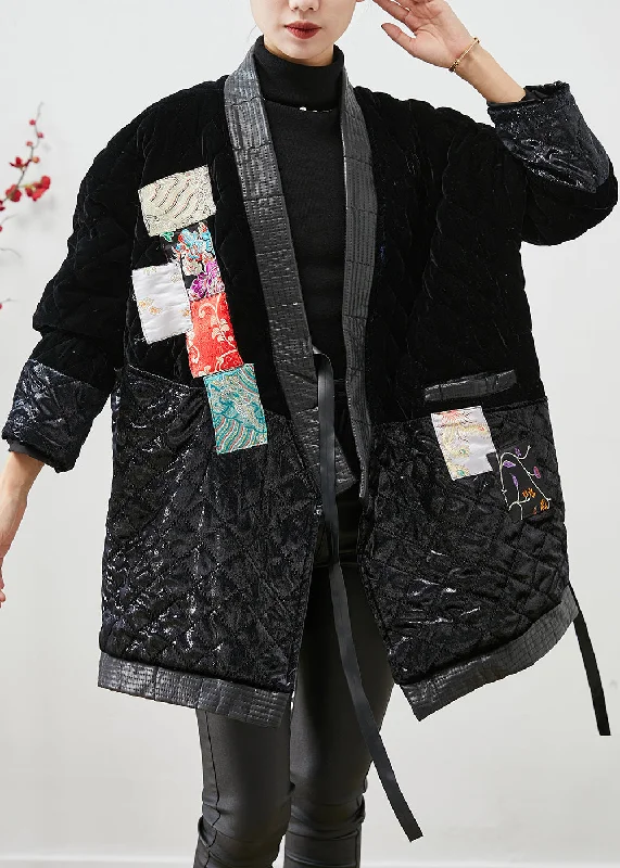 versatile casual coat for women -Modern Black Lace Up Patchwork Silk Velour Cotton Filled Coat Winter