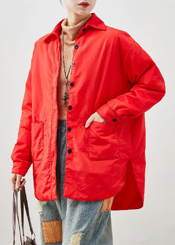 luxury designer winter coat for women -Fashion Red Oversized Low High Design Fine Cotton Filled Jacket In Winter