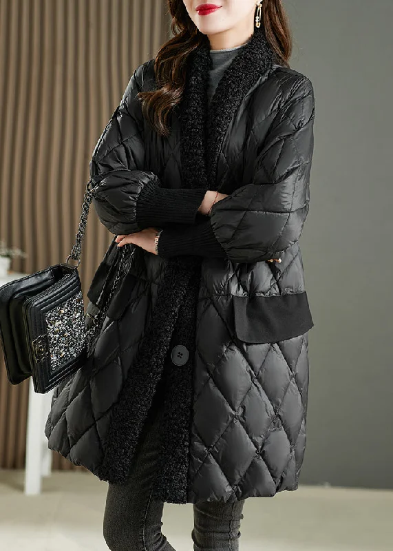 sleek minimalist coat for women -French Black PocketsTeddy Faux Fur Patchwork Duck Down Parka Winter