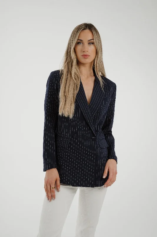 women's thermal long coat -Maria Pinstripe Blazer In Navy