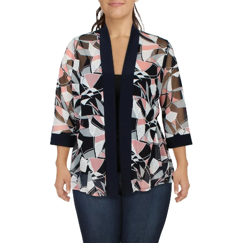 ladies' quilted coat -R&M Richards Womens Plus Abstract Open Front Collarless Blazer