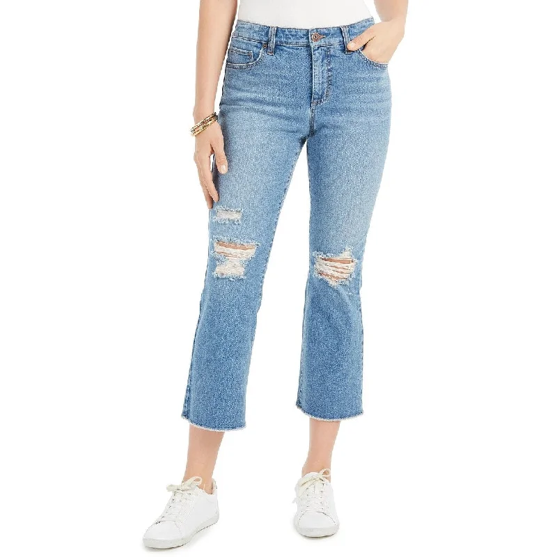 women's fold hem relaxed jeans -Style & Co Women's Ripped Authentic Cropped Kick Flare Jeans Blue Size 12