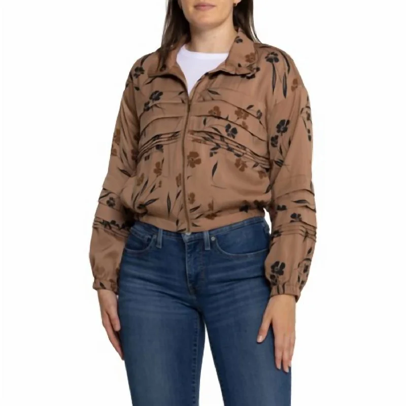 stylish fleece-lined coat for women -Floral Zip Front Bomber Jacket In Chai