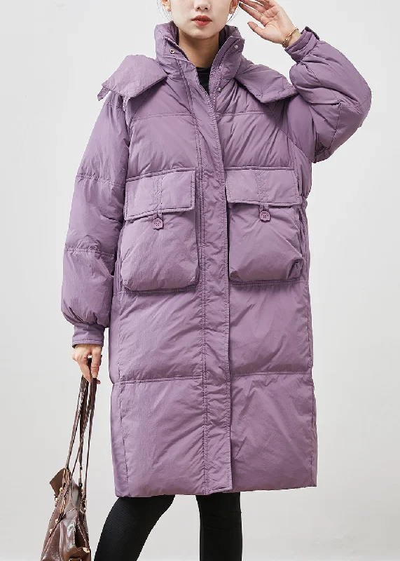 women's lightweight cargo jacket -Unique Purple Hooded Pockets Duck Down Puffers Jackets Winter