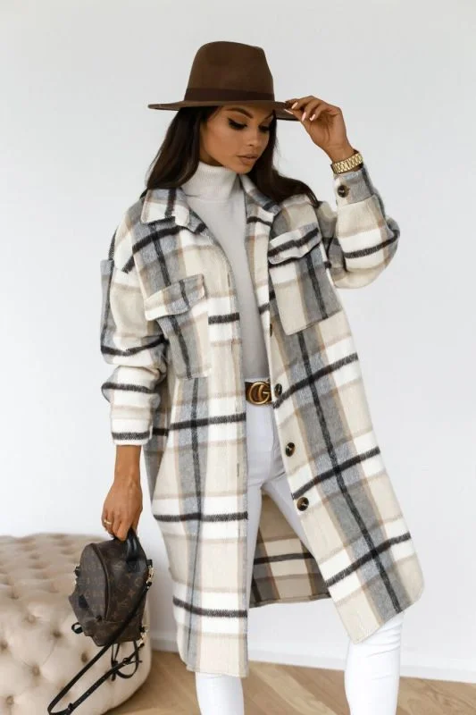 breathable softshell jacket for women -Women’s Plaid Print Mid Length Button Up Collar Coat