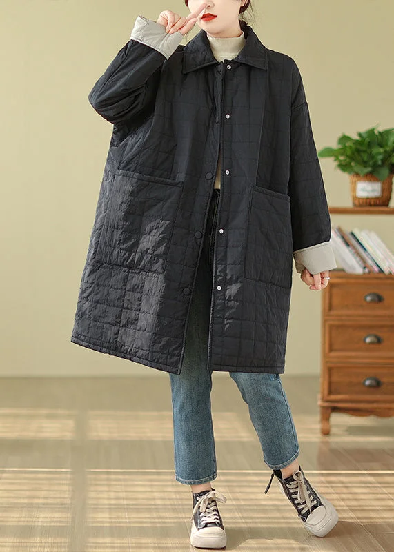 stylish longline coat for women -Women Black Pockets Button Patchwork Fine Cotton Filled Coat Winter