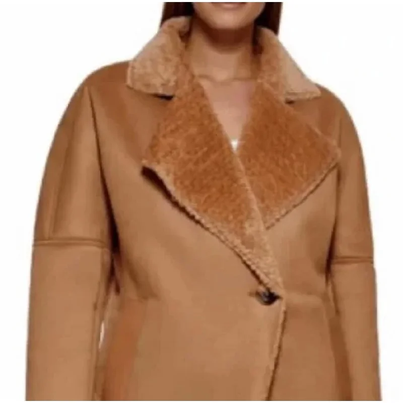 women's relaxed boyfriend blazer -Calvin Klein Women's Faux Shearling Coat Brown Size Medium