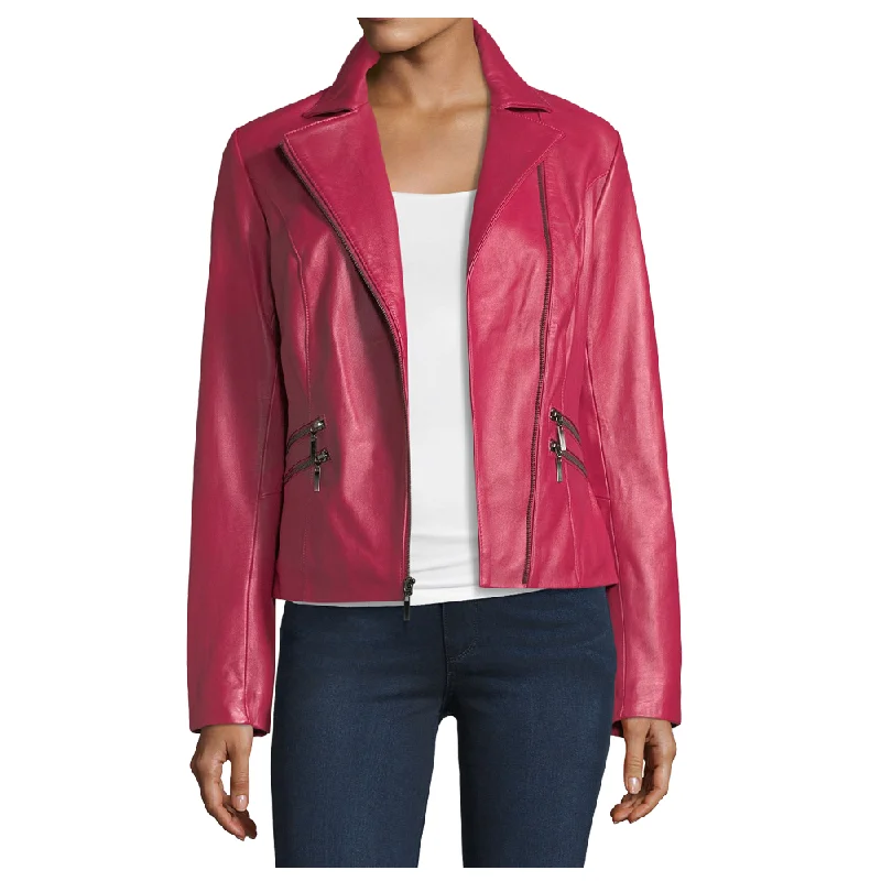 urban streetwear jacket for women -Pink Lambskin Women Biker Leather Jacket