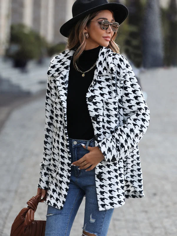 classic women's wool coat -Women's Dogtooth Print Button Up Jacket