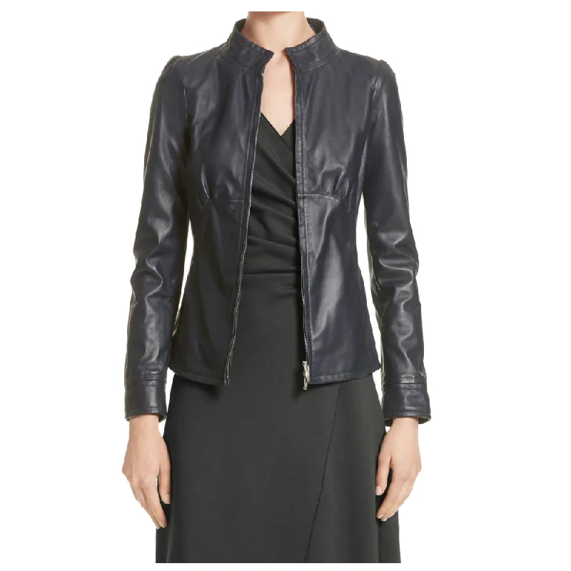 women's long trench coat -Women Lambskin Fashion Leather Jacket Black