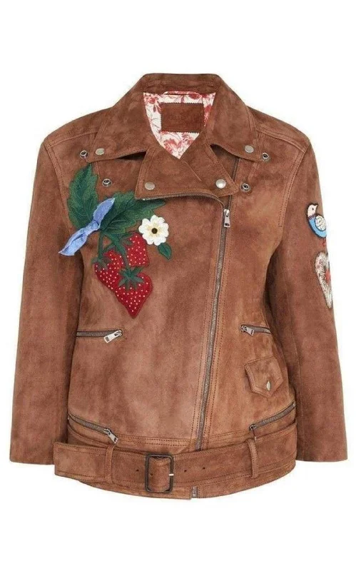 cropped faux leather jacket for women -Patches Embroidered Suede Jacket