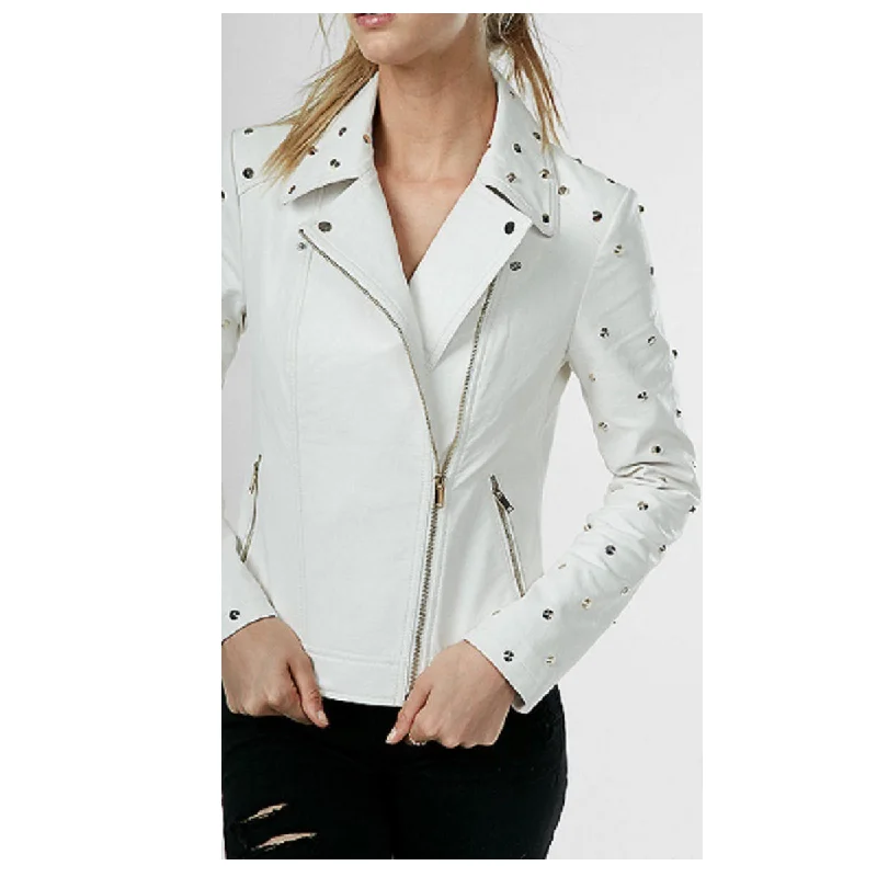 women's lightweight cargo jacket -Ladies Gold Studded White Leather Jacket