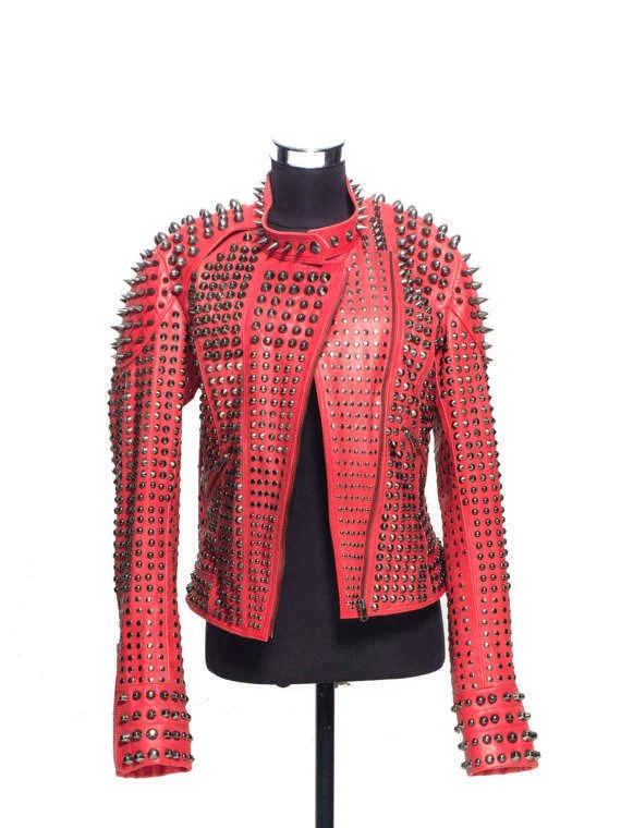 women's teddy bear coat -Red Studded Spiked Leather Jacket