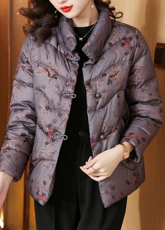 ladies' long hooded winter coat -Purple Print Button Thick Parka Long Sleeve