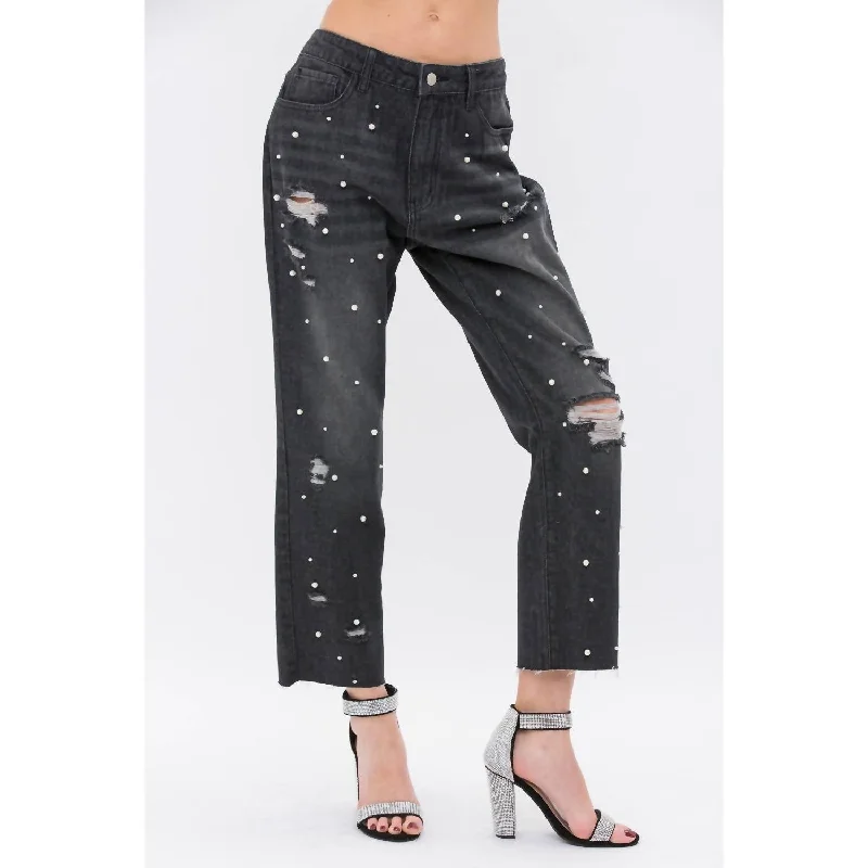 ladies' distressed high-rise jeans -Pearl Embellished Ripped Denim Jeans In Black