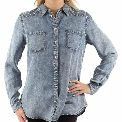 women's elegant short sleeve tunic -Honey Creek By Scully Women's Patriotic Western Snap Shirt in Denim Blue