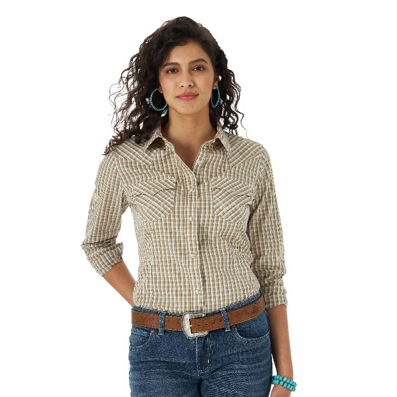 women's embroidered short sleeve shirt -Wrangler Women's Check Snap Western Shirt, Olive