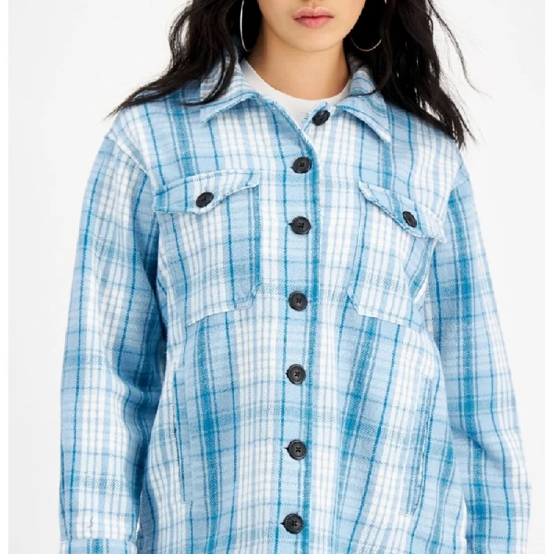 fashionable metallic puffer jacket for women -Lucky Brand Women's Cotton Oversized Plaid Shirt Jacket Blue Size X-Large