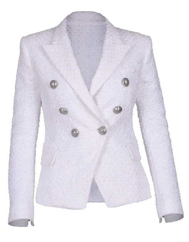 women's mid-length wool coat -Blanc Six Button Tweed Jacket