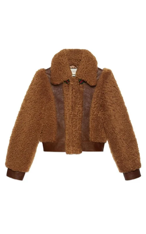 ladies' longline puffer coat -Brown Curly Shearling Jacket