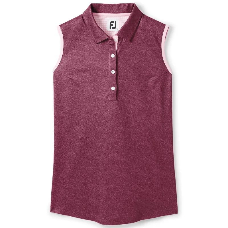 ladies' button front short sleeve top -Womens Sleeveless Houndstooth Trim Pique Fig Heather - AW23