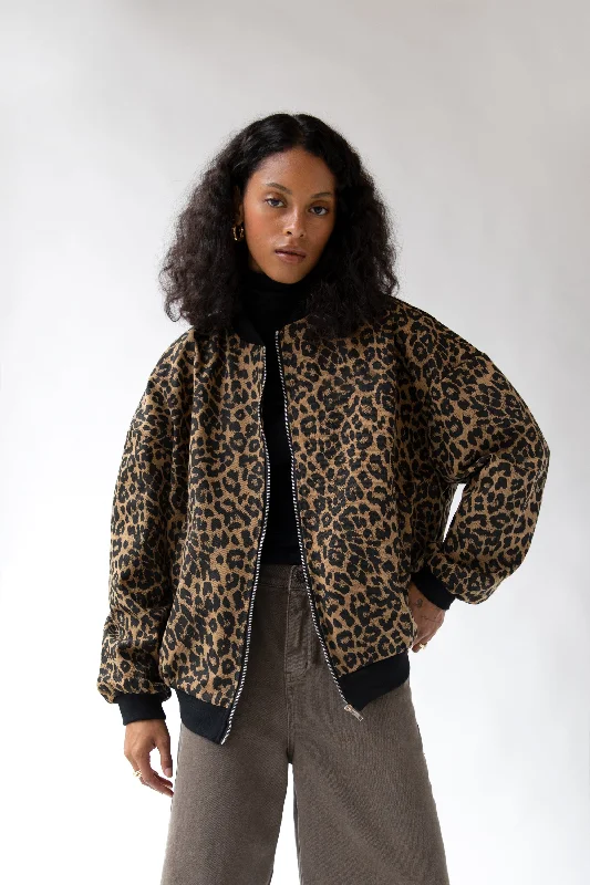 casual oversized shacket for women -LEOPARD PRINT BOMBER JACKET